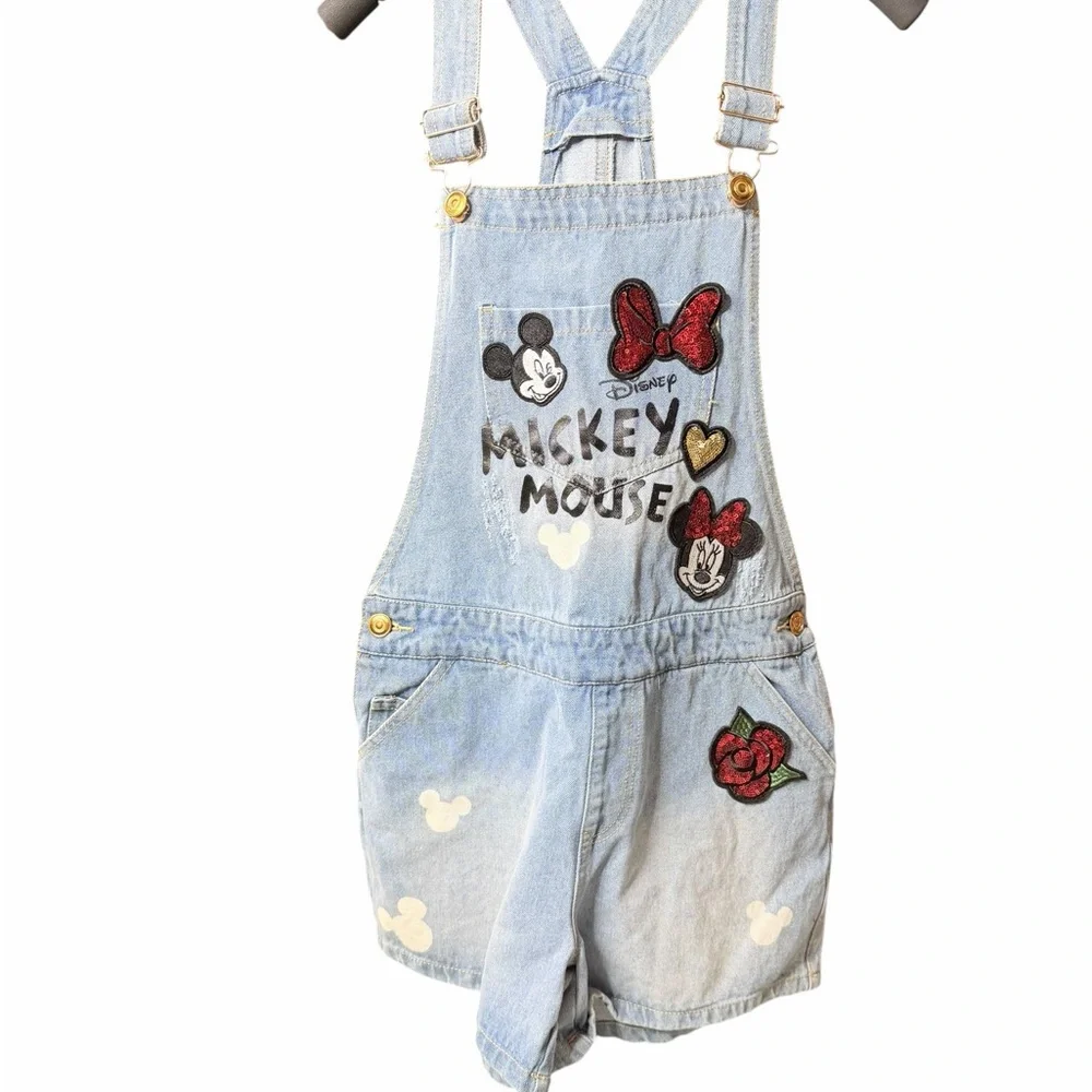Disney Women’s Blue Overalls with Mickey Mouse Sequin Patches - Picture 2 of 8